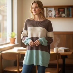 Belle by Kim Gravel Color Block Striped Sweater Brown White Mint S